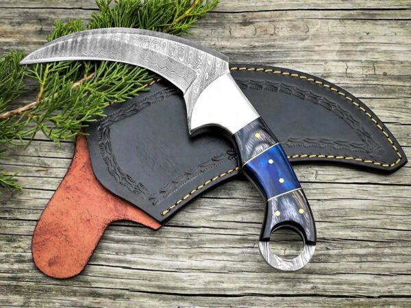 RK-1098 Handmade Damascus Steel Karambit Knife| Coloured Pakka Wood & Steel Bolster Handle | Premium Karambit Knife with Leather Sheath Personalized Gift ,Gift For Him & Her