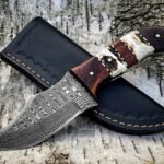 Damascus Skinner Knife — Hand-Forged, Rosewood Handle, Leather Sheath | Engraving Available