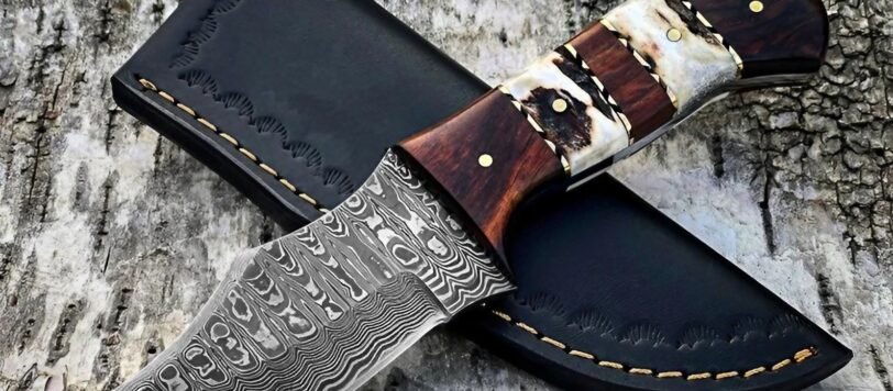 Damascus Skinner Knife, Hand-Forged, Rosewood Handle, Leather Sheath | Engraving Available
