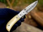 Damascus Folding Pocket Knife — Hand-Forged, Bone Handle, Leather Sheath | Engraving Available - Image 2
