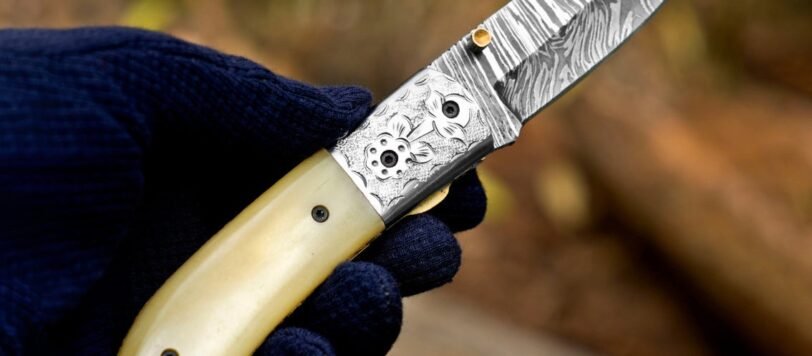 Damascus Folding Pocket Knife, Hand-Forged, Bone Handle, Leather Sheath | Engraving Available - view 2