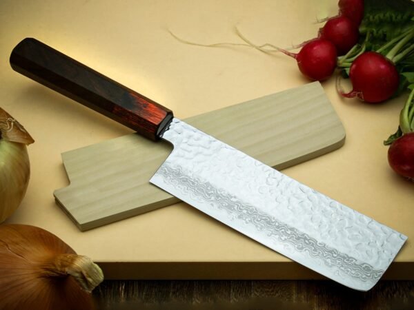 RK-1097 Hand Forged Steel Nakiri Knife | Rose Wood & Red Resin Bolster Handle | Premium Chef Knife with Scabbard Sheath Personalized & Cooking Lover Gift