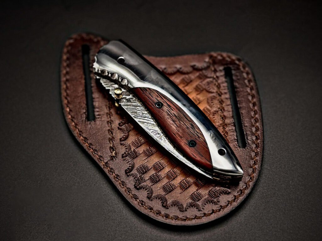 Damascus Folding Pocket Knife — Hand-Forged, Wood Handle, Leather Sheath (RK-1111) - view 2