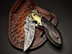 Damascus Folding Pocket Knife — Hand-Forged, Wenge Wood Handle, Leather Sheath - Image 2