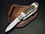 Damascus Folding Pocket Knife — Hand-Forged, Stag Horn Handle, Leather Sheath | Engraving Available - view 2