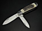 Damascus Folding Pocket Knife — Hand-Forged, Stag Horn Handle, Leather Sheath | Engraving Available - view 3