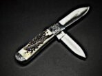 Damascus Folding Pocket Knife — Hand-Forged, Stag Horn Handle, Leather Sheath | Engraving Available - view 4