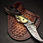 Damascus Folding Pocket Knife — Hand-Forged, Wenge Wood Handle, Leather Sheath