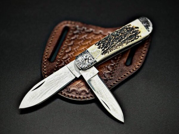 RK-1112 Handmade Trapper Knife Elk Antler Handle | Engraved Bolster | Leather Sheath | Premium Camping & Hunting Gift for Him
