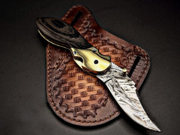 RK-1110 Handmade Damascus Steel Pocket Knife | Wenge Wood & Brass Bolster Handle | Leather Sheath | Camping & Hunting Gift for Him
