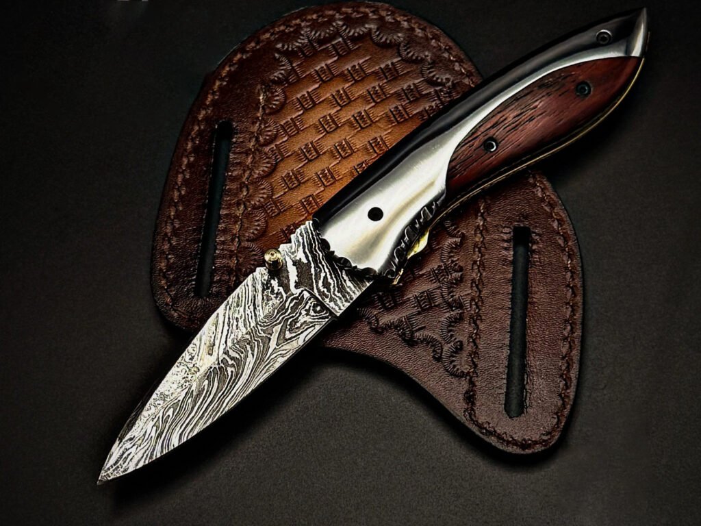Damascus Folding Pocket Knife — Hand-Forged, Wood Handle, Leather Sheath (RK-1111)
