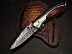Damascus Folding Pocket Knife — Hand-Forged, Wood Handle, Leather Sheath (RK-1111)