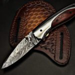 Damascus Folding Pocket Knife — Hand-Forged, Wood Handle, Leather Sheath (RK-1111)