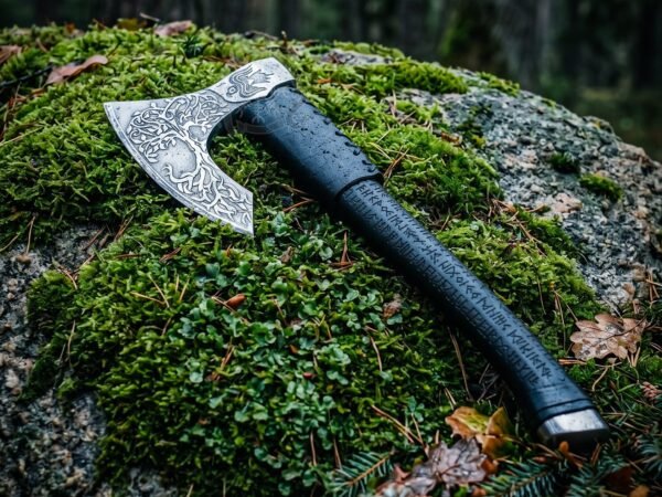 RK-1114 Hand-Forged viking Yggdrasil Axe – Personalized Viking Battle Axe with Wood and Leather Engraved Wrap