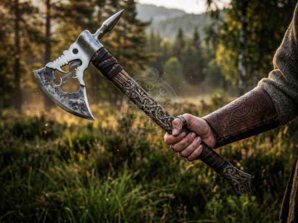 RK-1113 Hand-Forged Dragon Axe – Personalized Viking Battle Axe with Etched Wood Handle