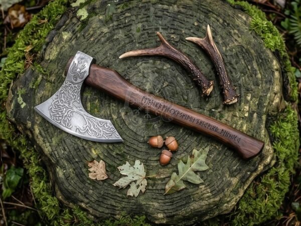 RK-1116 Hand Forged Steel viking Yggdrasil Axe – Personalized Viking Battle Yggdrasil Axe with Rose Wood Handle