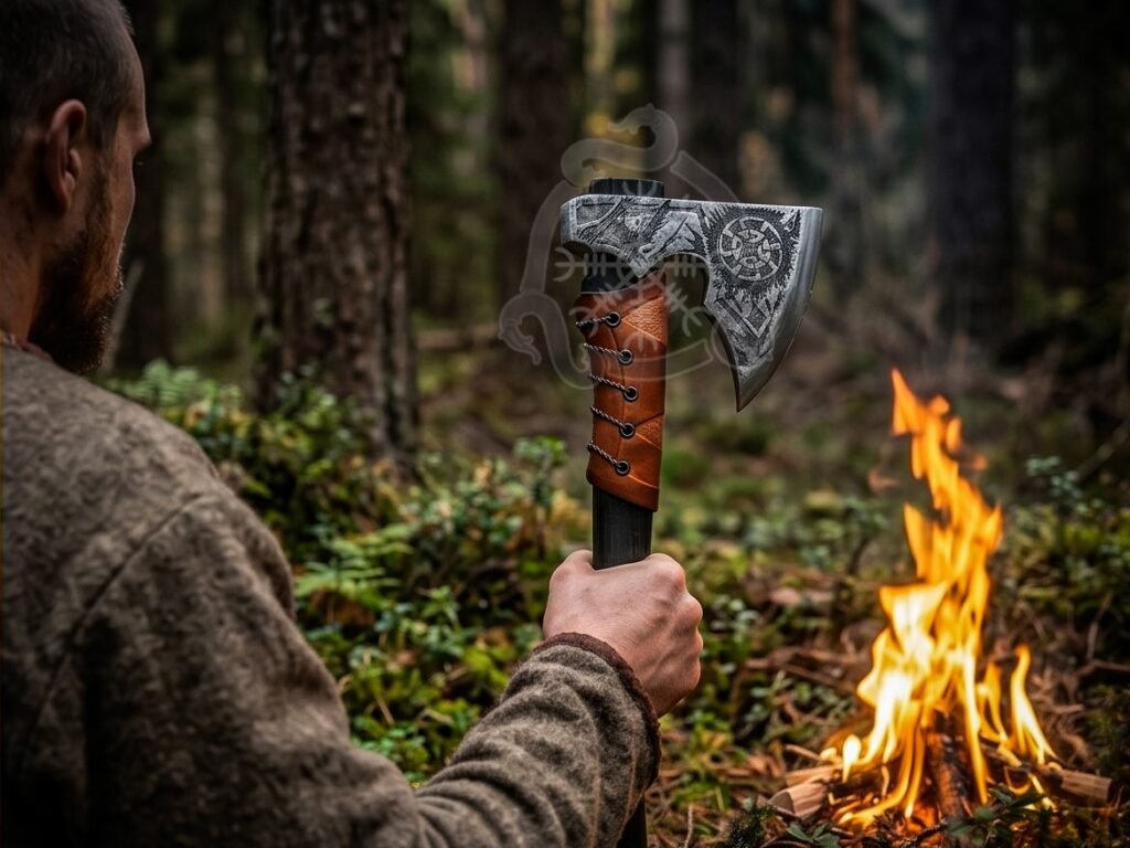 Viking Bearded Axe — Hand-Forged High-Carbon Steel, Leather-Wrapped Handle, Leather Blade Cover | Engraving Available - view