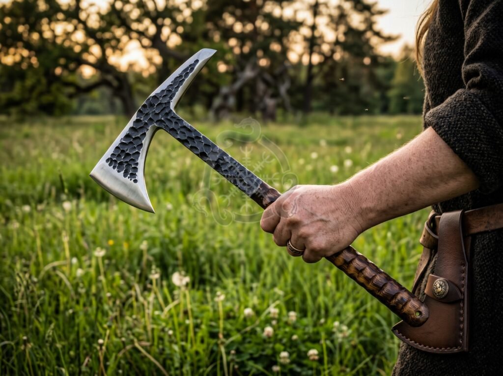 Viking Bearded Axe — Hand-Forged High-Carbon Steel, Ash Wood Handle, Leather Blade Cover | Engraving Available