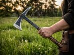 Viking Battle Axe — Hand-Forged High-Carbon Steel, Ash Wood Handle, Leather Blade Cover | Engraving Available