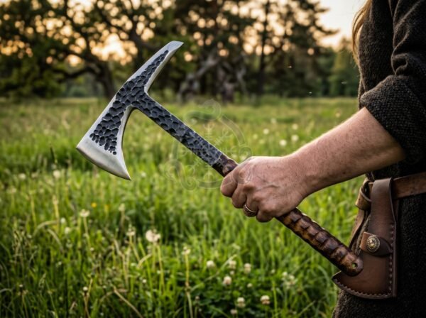 RK-1117 Hand Forged Carbon Steel Axe – Personalized Battle Axe with Ash Wood Handle Leather Sheath
