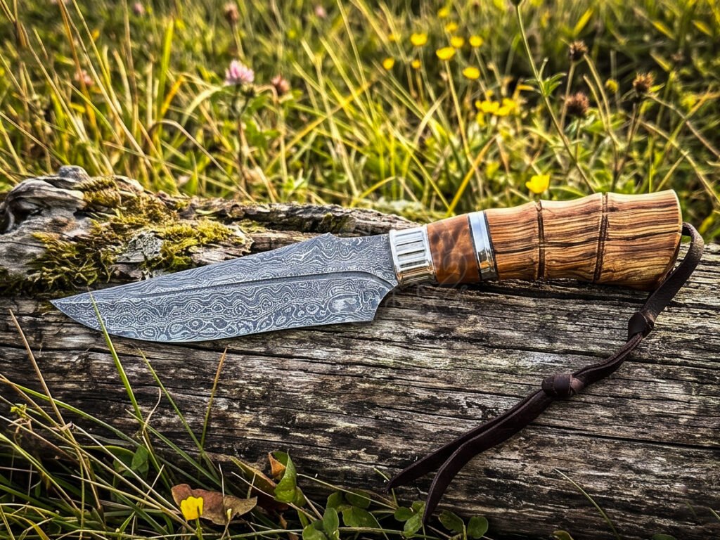 Damascus Camp Knife — Hand-Forged, 12″ Overall, Olive Wood Handle, Leather Sheath - view 2