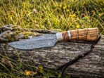 Damascus Camp Knife — Hand-Forged, 12" Overall, Olive Wood Handle, Leather Sheath - Image 2