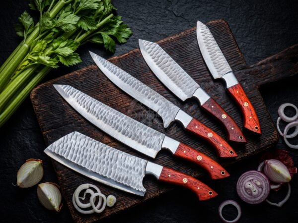 RK-1138 Handmade D2 Steel 5-Piece Chef Knife Set – Red Pakka Wood Handle | Leather Sheath Kitchen Cooking Gift Set,Damascus Chef Knife,Full Kitchen Knife Set,Damascus Chef Set