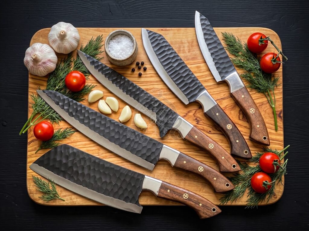 Damascus Chef Knife — Hand-Forged, Walnut Handle, Leather Sheath