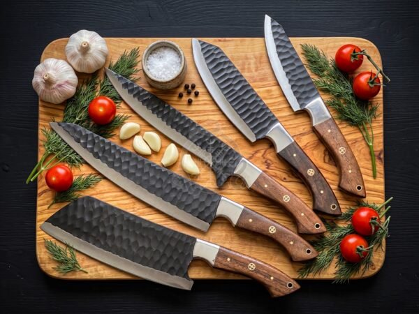 RK-1139 Handmade Carbon Steel 5 Pieces Chef Knife Set with Walnut Wood Handle & Steel Bolsters| Leather Sheath Kitchen Cooking Gift Set,Damascus Chef Knife,Full Kitchen Knife Set,Damascus Chef Set