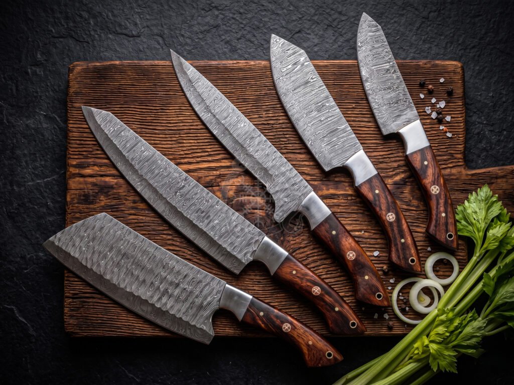 Damascus Chef Knife — Hand-Forged, Rosewood Handle, Leather Sheath