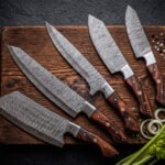 Damascus Chef Knife — Hand-Forged, Rosewood Handle, Leather Sheath