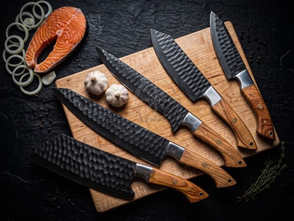 RK-1141 Handmade Carbon Coated 5 Pieces Chef Knife Set – Olive Wood Handle Kitchen Knives with Steel Bolsters & Leather Sheath Kitchen Cooking Gift Set,Damascus Chef Knife,Full Kitchen Knife Set,Damascus Chef Set