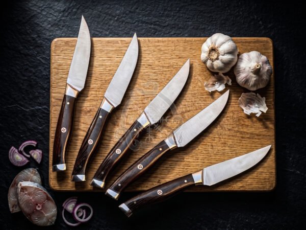 RK-1142 Handmade D2 Steel 5 Pieces Steak Knife Set with Wenge Wood Handle & Steel Bolsters Leather Sheath Camping & Hunting Cooking Lover