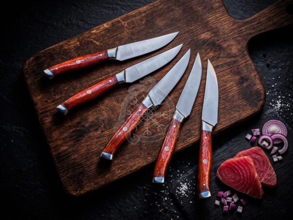 RK-1144 Handmade D2 Steel 5 Pieces Steak Knife Set with Red Pakka Wood Handle & Steel Bolsters Leather Sheath Camping & Hunting Cooking Lover
