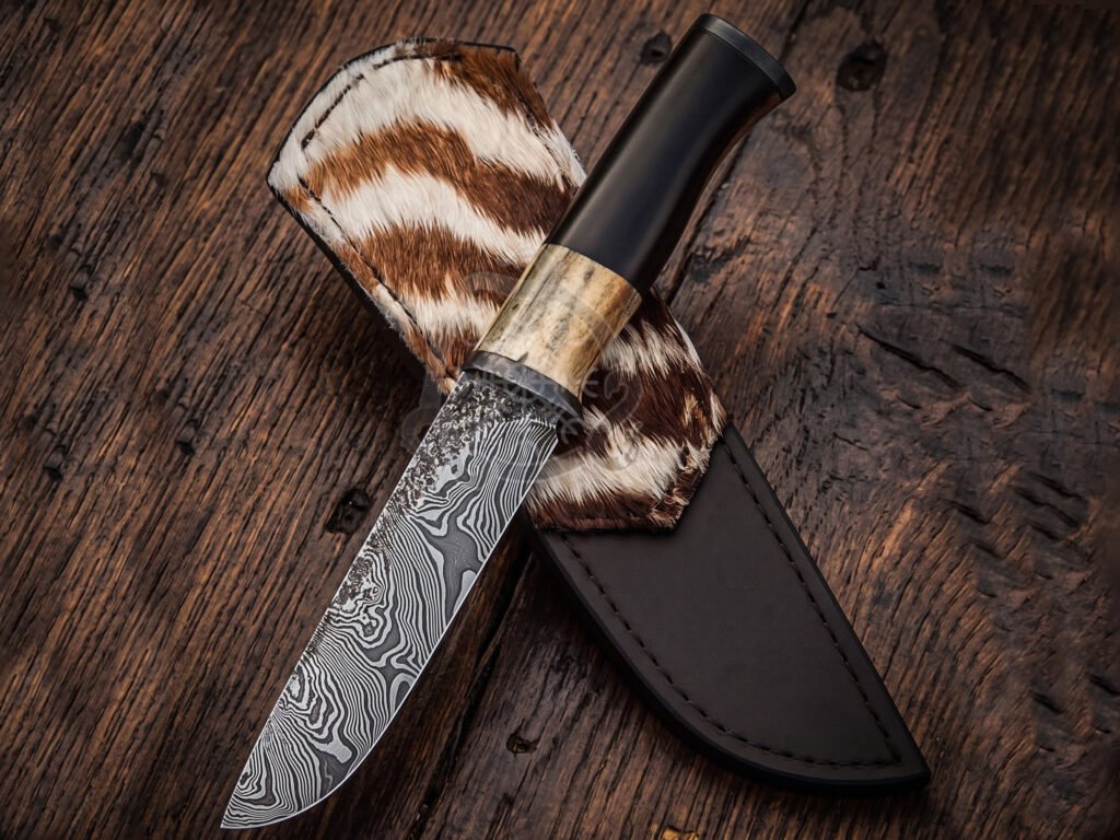 Damascus Camp Knife — Hand-Forged, Bone Handle, Leather Sheath