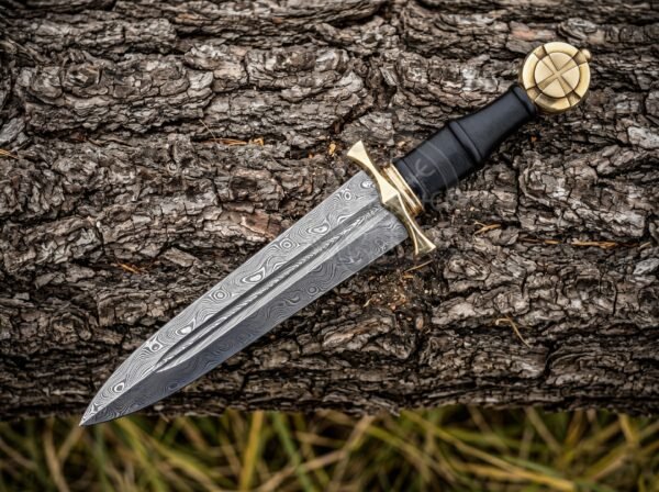 RK-1120 Handmade Damascus Steel Dagger Knife with Wood Handle, Leather Grip & Brass Bolsters Custom Fixed Blade with Leather Sheath
