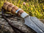 Damascus Camp Knife — Hand-Forged, 12" Overall, Olive Wood Handle, Leather Sheath - Image 3