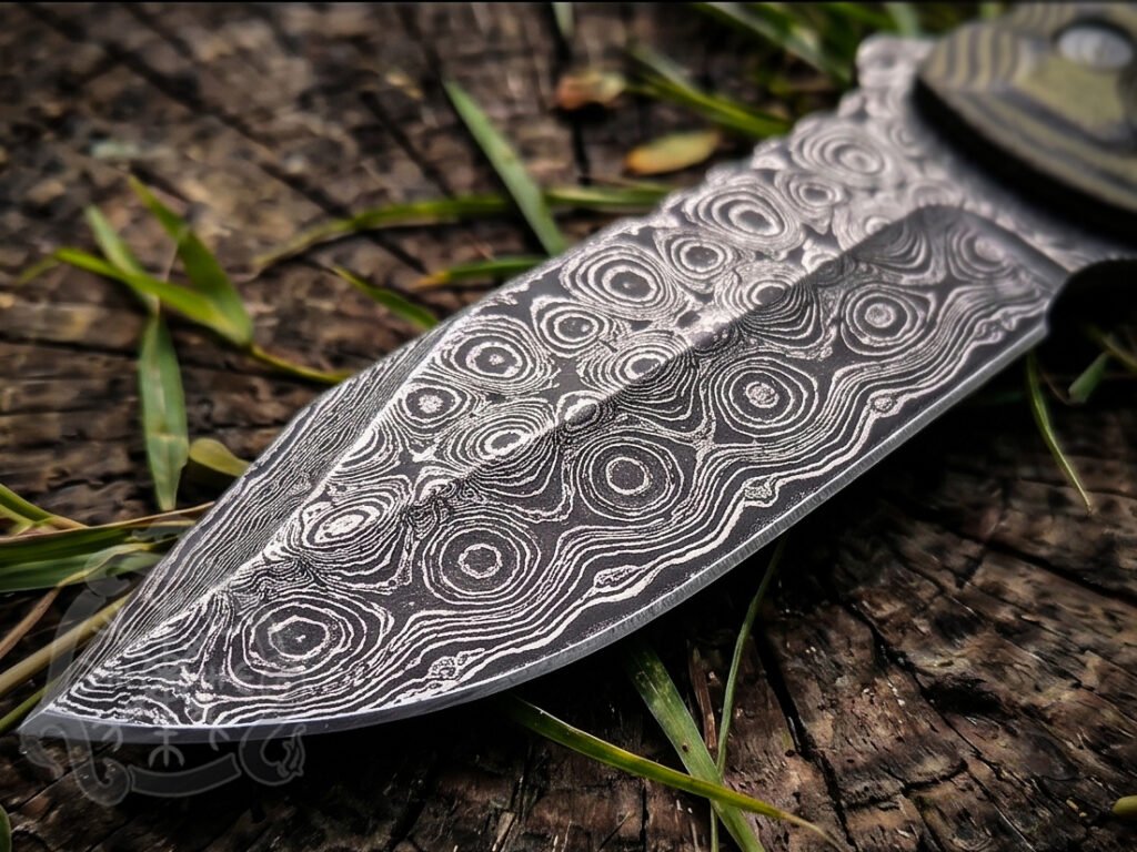 Damascus Camp Knife — Hand-Forged, 10″ Overall, Micarta Handle, Leather Sheath - view 2