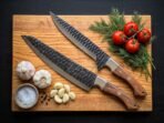 Damascus Chef Knife — Hand-Forged, Walnut Handle, Leather Sheath - Image 3