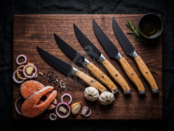 RK-1143 Handmade Carbon Coated 5 Pieces Steak Knife Set with Olive Wood Handle & Steel Bolsters – Leather Sheath Camping & Hunting Cooking Lover Gift