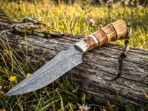 Damascus Camp Knife — Hand-Forged, 12" Overall, Olive Wood Handle, Leather Sheath - Image 4