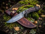 Damascus Skinner Knife — Hand-Forged, 8" Overall, Rosewood Handle, Leather Sheath