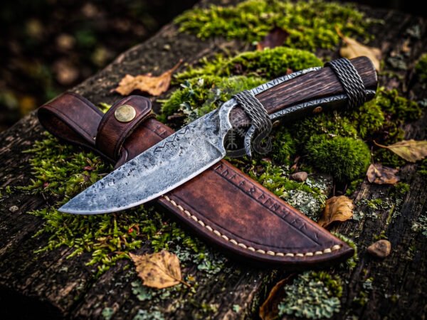 RK-1132 Hand Forged Steel Skinner Knife with Rose Wood Handle & Leather Sheath – Camping & Hunting Gift for Him