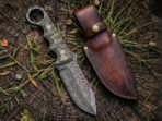Damascus Camp Knife — Hand-Forged, 10" Overall, Micarta Handle, Leather Sheath