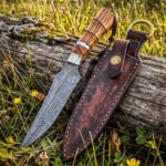 Damascus Camp Knife — Hand-Forged, 12" Overall, Olive Wood Handle, Leather Sheath
