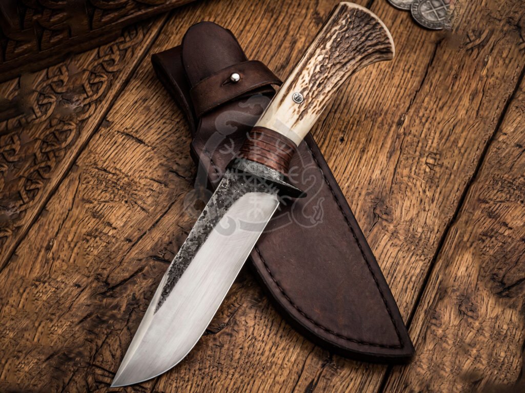 Damascus Camp Knife — Hand-Forged, Leather Sheath
