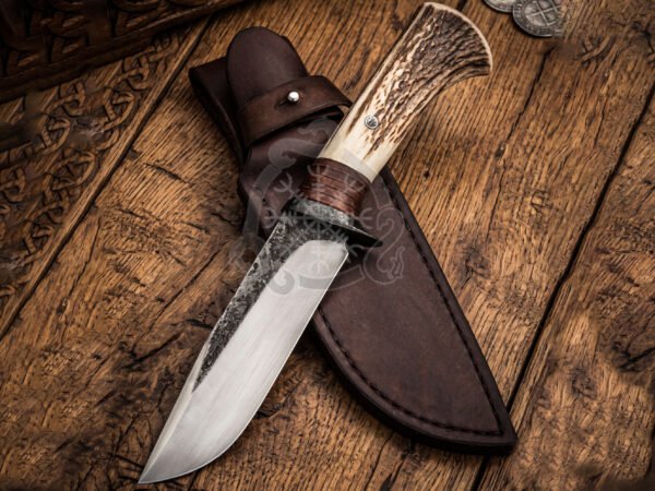 RK-1126 Hand Forged Steel Hunting Knife with Stag Handle – Handmade Outdoor Camping & Survival Knife with Leather Sheath