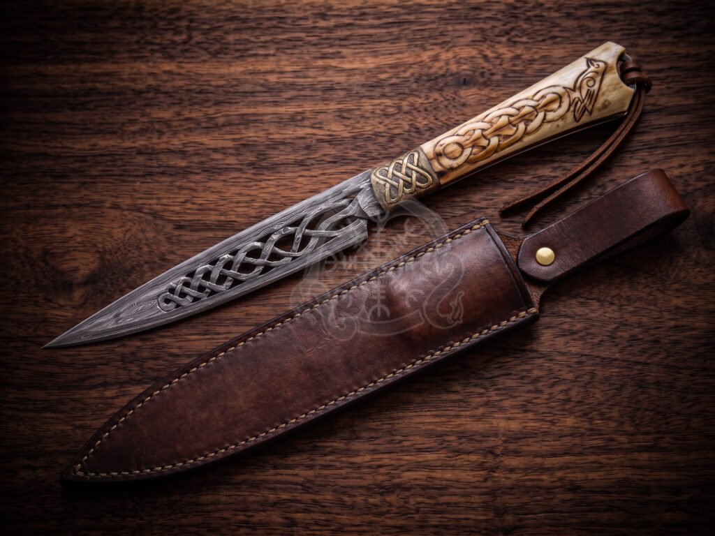 Damascus Bowie Knife — Hand-Forged, 10″ Overall, Bone Handle, Leather Sheath | Engraving Available