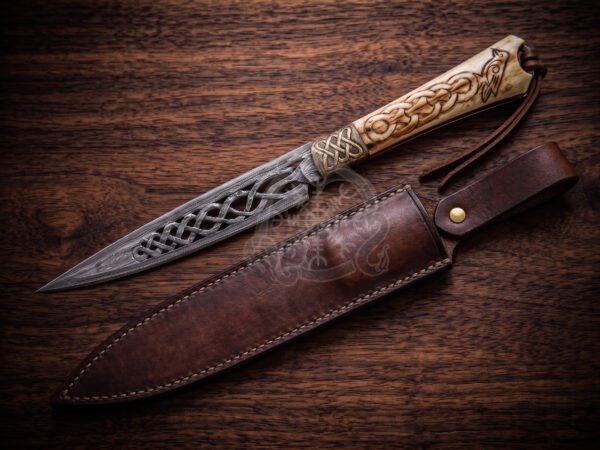 RK-1134 Handmade Damascus Steel Knife with Bone & Brass Engraved Bolster Handle, Leather Sheath Camping & Hunting Gift for Him