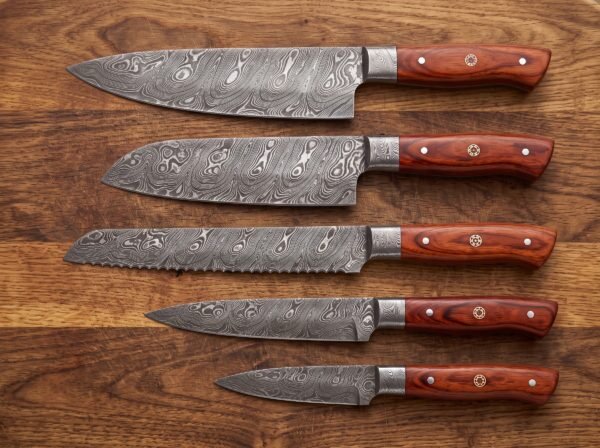 Five Damascus kitchen knives with rosewood handles and mosaic pins laid in a row on a dark wood table